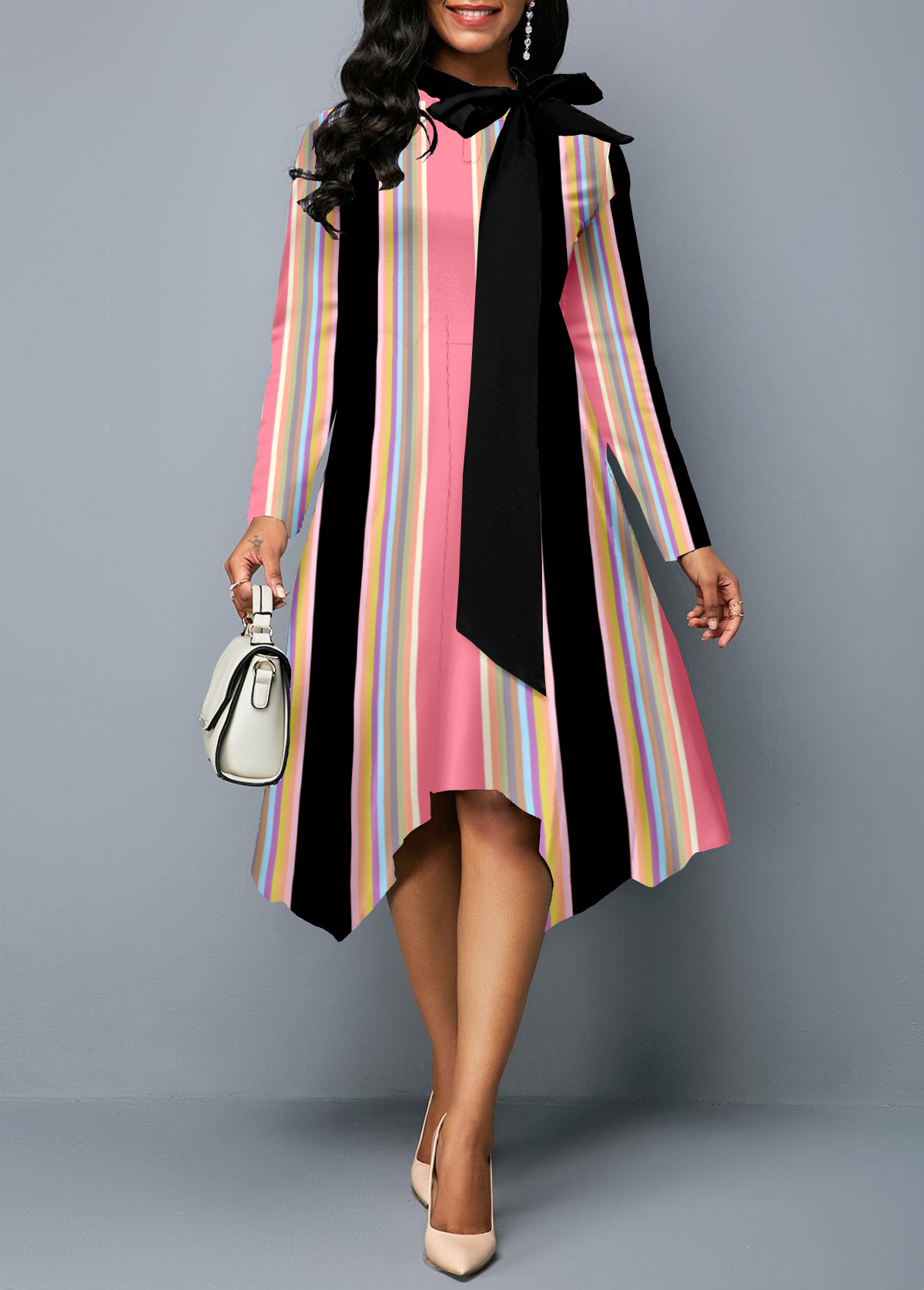 Stripe Print Pink Bowknot Asymmetric Hem Dress