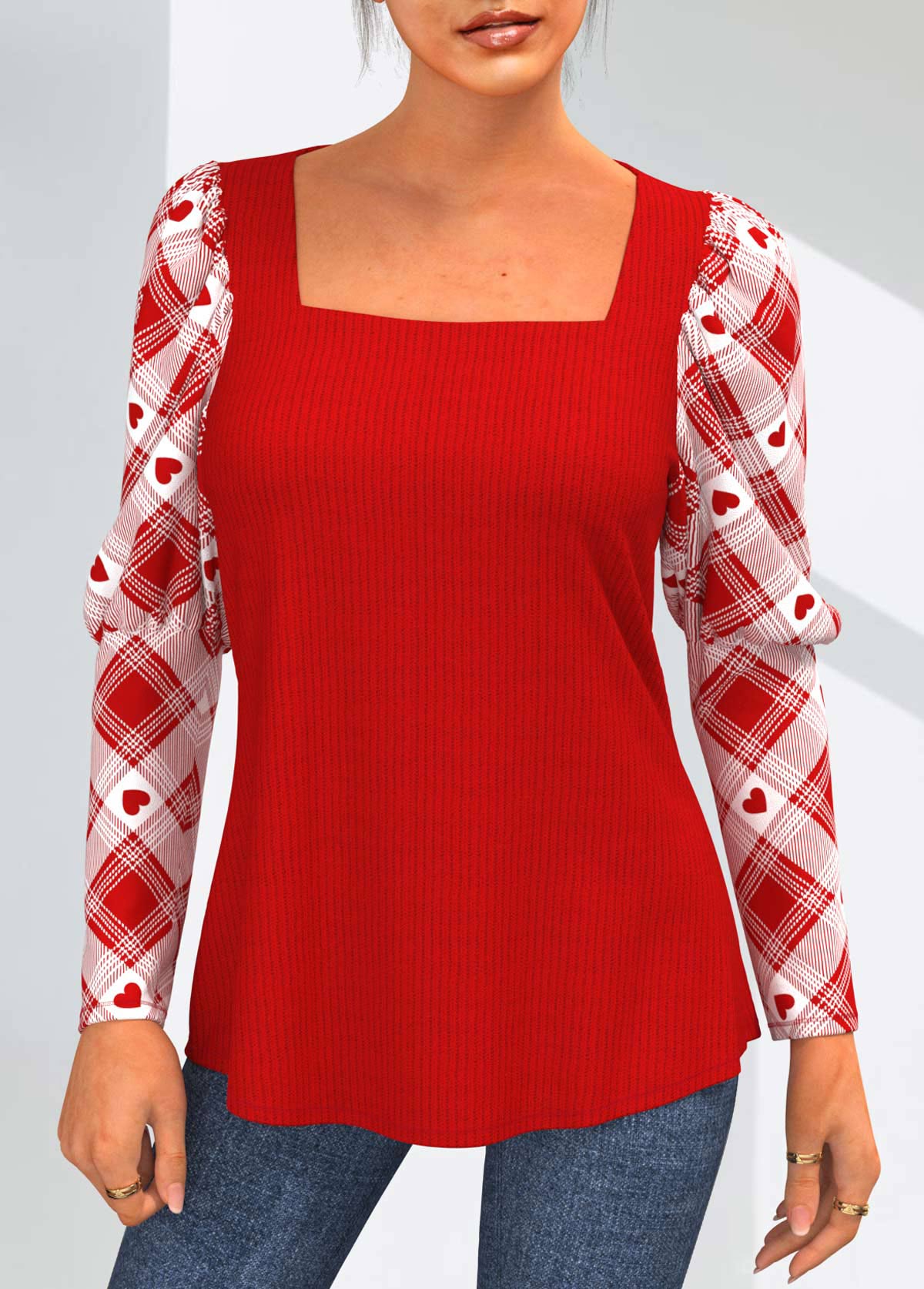 Valentines Plaid Red Square Neck Long Sleeve T Shirt