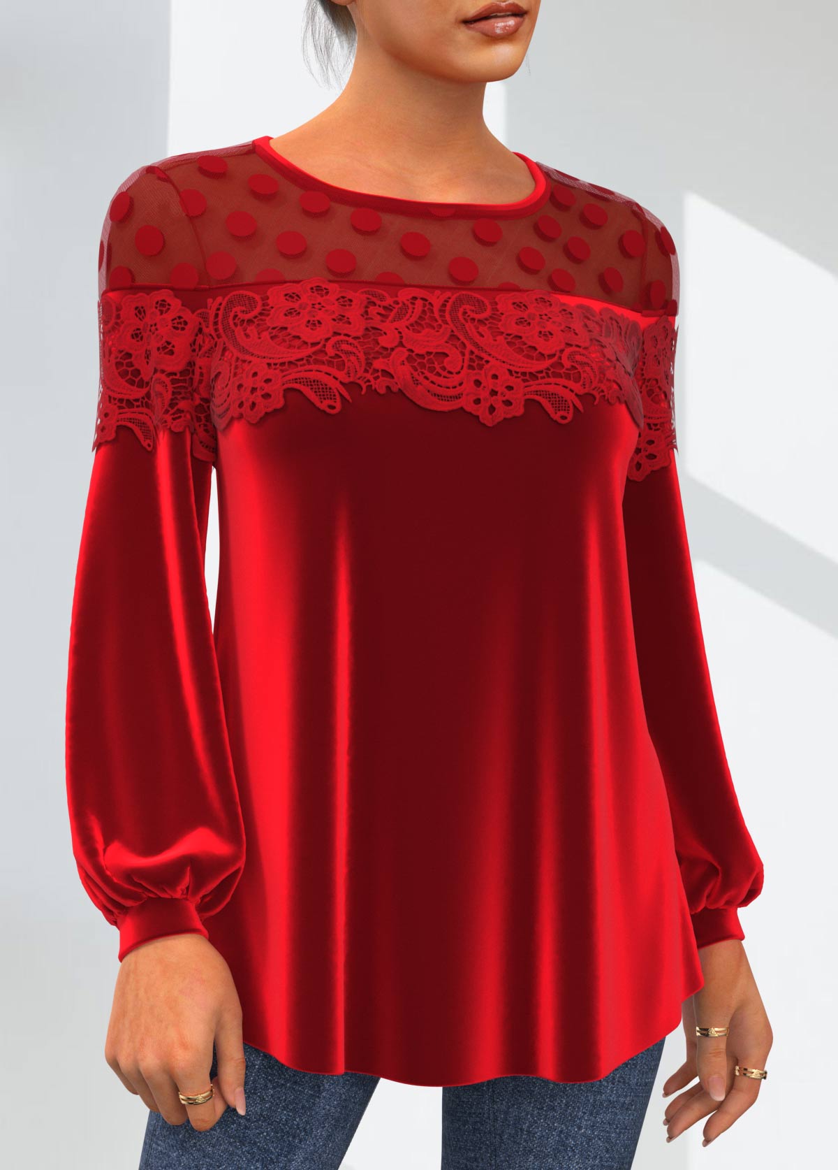 Valentines Lace Velvet Stitching Round Neck Red T Shirt