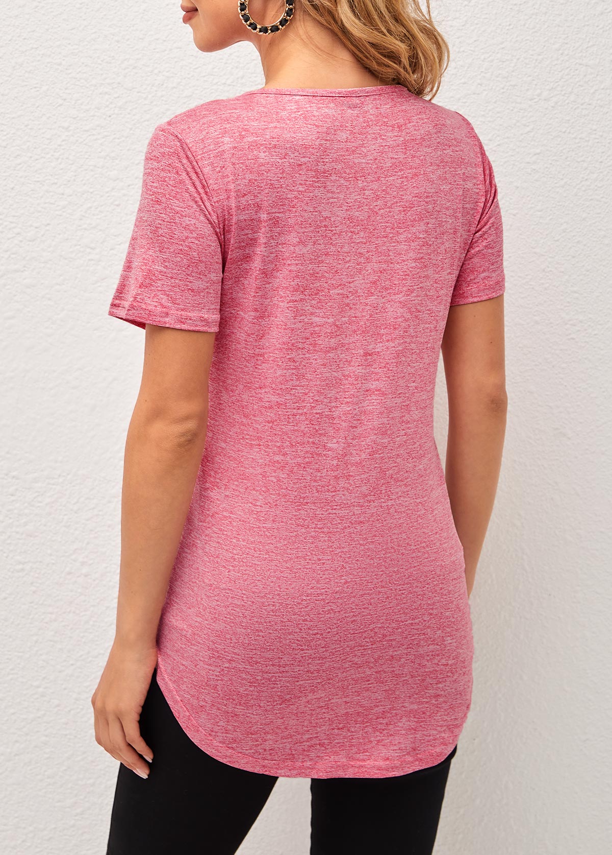 V Neck Pink Tassel Detail Short Sleeve T Shirt