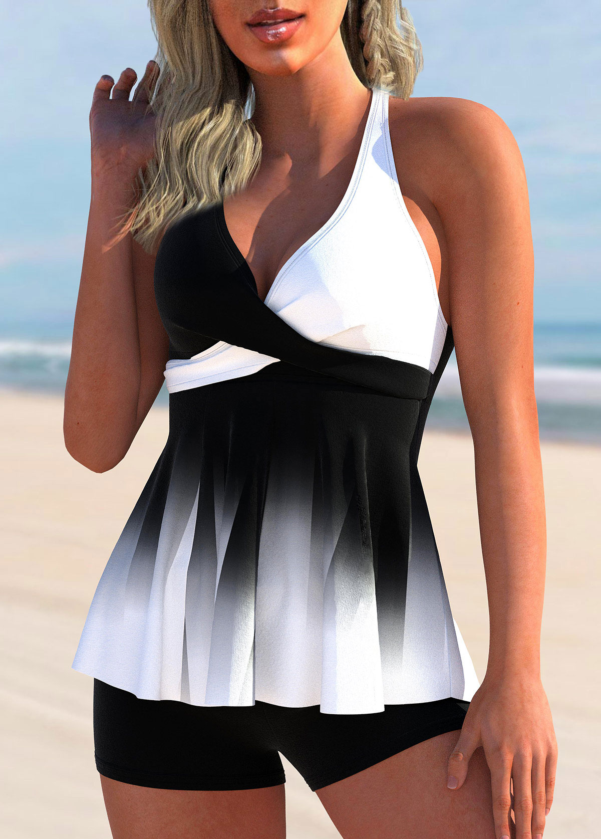 Color Block Ombre Cross Front Tankini Set | picture 