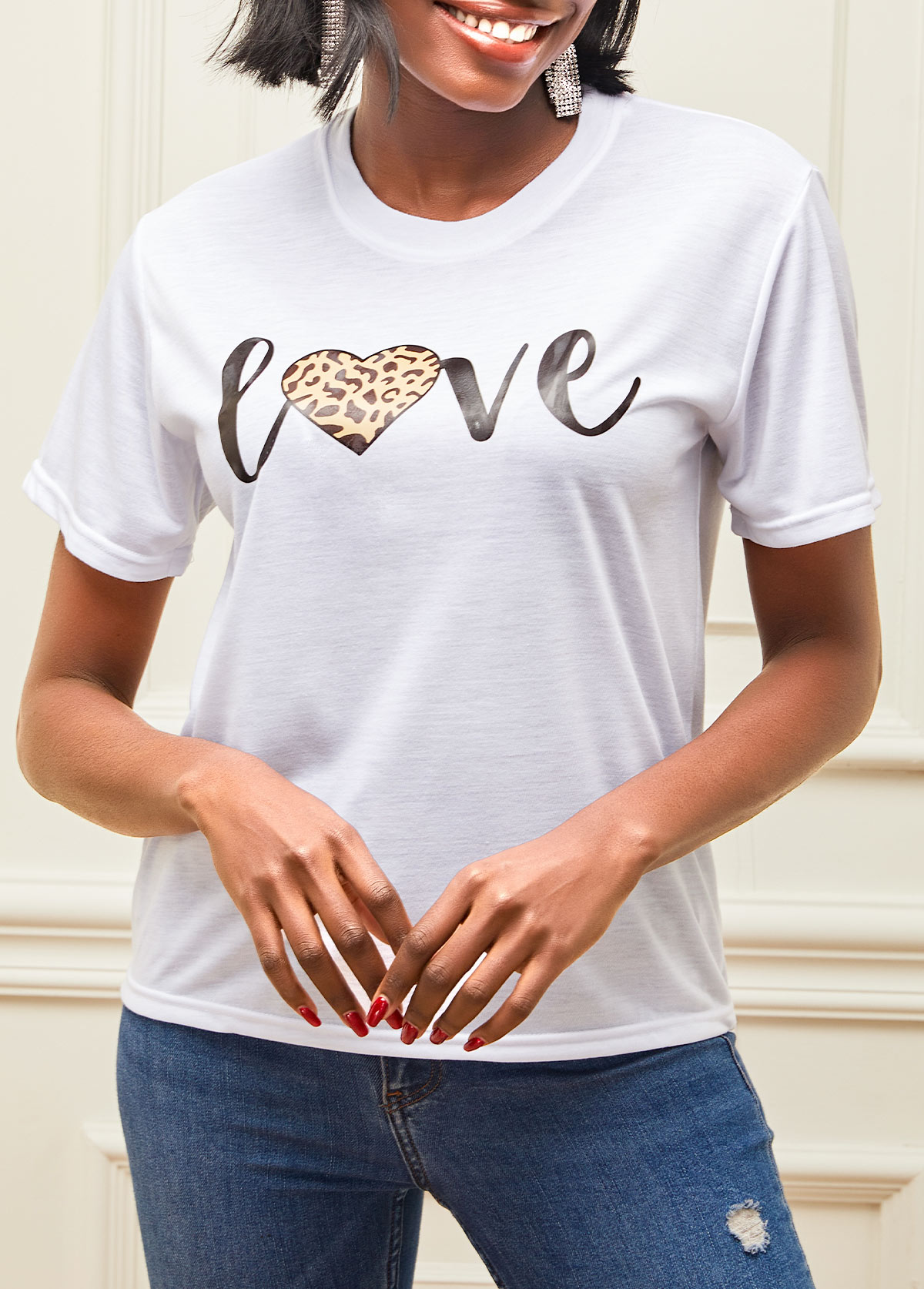 Valentines White Leopard and Heart Print T Shirt