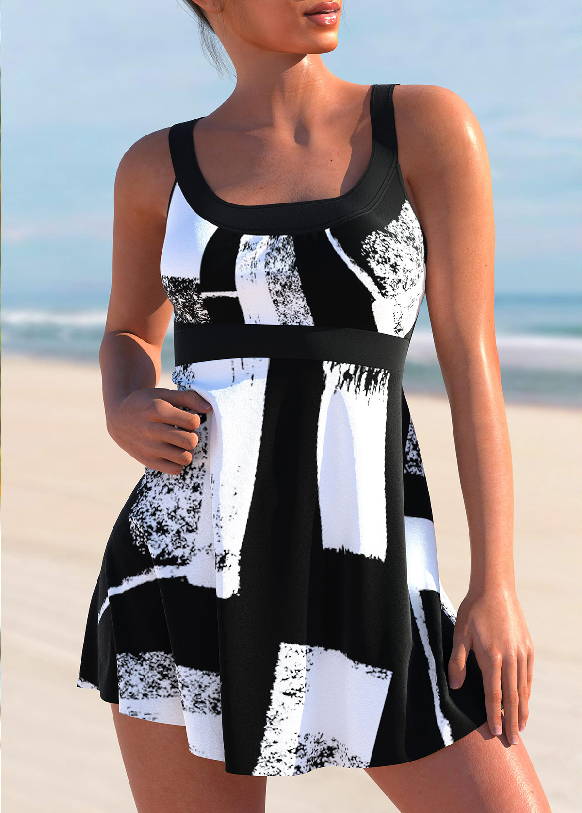 Geometric Print Cross Strap Black Swimdress Top-No Bottom | linkimg