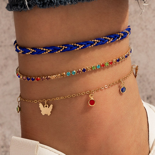 Multi Color Butterfly Detail Rhinestone Anklets Set