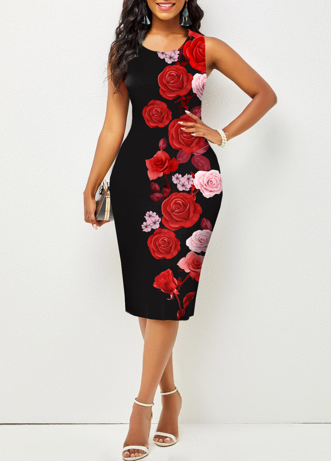 Valentines Round Neck Rose Print Dress