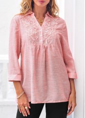 Lace Stitching 3/4 Sleeve Pink Blouse