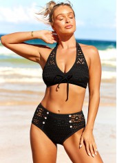 Black Lace Patchwork Decorative Button Bikini Set