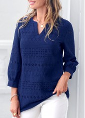 Navy Blue Split Neck Embroidered Blouse