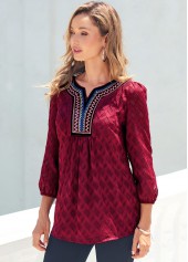 Textured Fabric Split Neck Wine Red Blouse