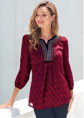 Textured Fabric Split Neck Wine Red Blouse