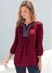 Textured Fabric Split Neck Wine Red Blouse