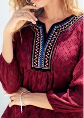 Textured Fabric Split Neck Wine Red Blouse