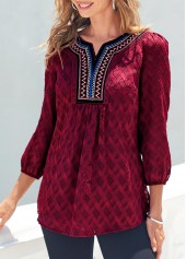 Textured Fabric Split Neck Wine Red Blouse