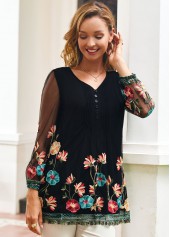 Crinkle Chest Embroidered V Neck 3/4 Sleeve Blouse | thumb picture 