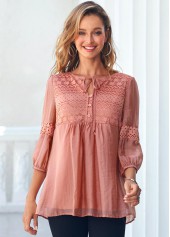 Lace Stitching Tie Front Coral Orange Blouse | thumb picture 