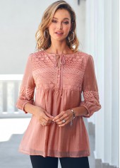 Lace Stitching Tie Front Coral Orange Blouse | thumb picture 