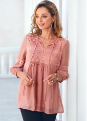 Lace Stitching Tie Front Coral Orange Blouse | thumb picture 