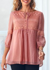 Lace Stitching Tie Front Coral Orange Blouse