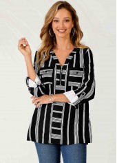 Striped Color Block V Neck Zipper Detail Blouse | thumb picture 