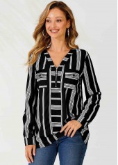 Striped Color Block V Neck Zipper Detail Blouse | thumb picture 