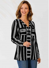 Striped Color Block V Neck Zipper Detail Blouse | thumb picture 