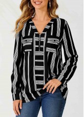 Striped Color Block V Neck Zipper Detail Blouse
