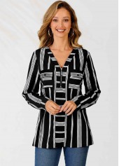 Striped Color Block V Neck Zipper Detail Blouse | thumb picture 