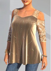 Christmas Design Gold Cold Shoulder Sequin T Shirt | thumb picture 