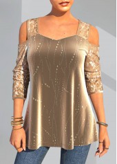 Christmas Design Gold Cold Shoulder Sequin T Shirt