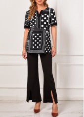 Polka Dot Geometric Print Split Neck Black T Shirt | thumb picture 