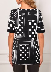 Polka Dot Geometric Print Split Neck Black T Shirt | thumb picture 