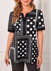 Polka Dot Geometric Print Split Neck Black T Shirt
