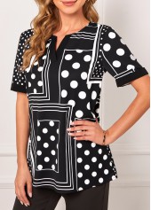 Polka Dot Geometric Print Split Neck Black T Shirt | thumb picture 