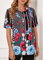 Polka Dot Floral Print Turndown Collar Blouse