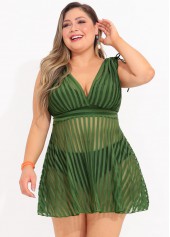 Plus Size Drawstring Olive Green Striped Tankini Set | thumb picture 