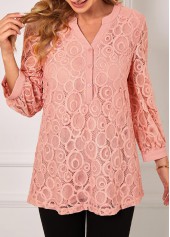 Pink Lace Stitching Split Neck Blouse | thumb picture 