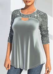 Sequin Velvet Stitching Cutout Design Grey T Shirt | thumb picture 