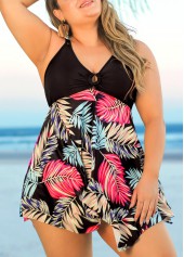 Plus Size Tropical Print Black Swimdress Top-No Bottom