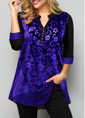 Split Neck Purple Velvet Burnout Blouse