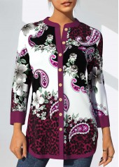 Floral and Paisley Print Purple Split Neck Blouse