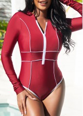 Quarter Zip Wine Red Long Sleeve One Piece Swimwear | thumb picture 