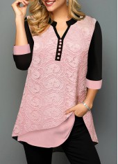 Valentines Paisley Lace Stitching Split Neck Pink Blouse
