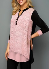 Valentines Paisley Lace Stitching Split Neck Pink Blouse | thumb picture 