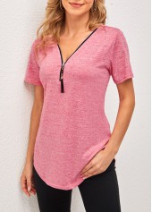 V Neck Pink Tassel Detail Short Sleeve T Shirt