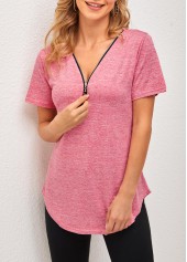 V Neck Pink Tassel Detail Short Sleeve T Shirt