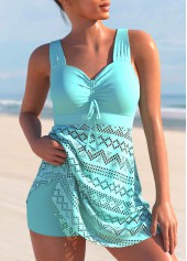 Lace Stitching Cross Strap Cyan Swimdress and Shorts