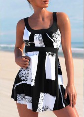 Geometric Print Cross Strap Black Swimdress Top-No Bottom | picture 1