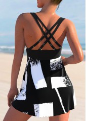 Geometric Print Cross Strap Black Swimdress Top-No Bottom | picture 2