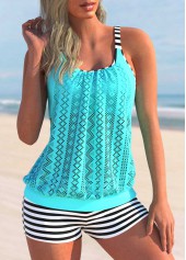 Lace Stitching Cyan Striped Tankini Set