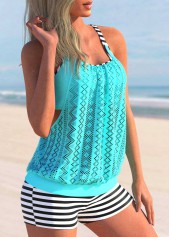 Lace Stitching Cyan Striped Tankini Set | thumb picture 